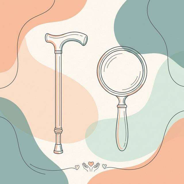 Mesa com equipamentos assistivos variados: bengala, adaptadores de talheres, abridor de tampas e outros recursos